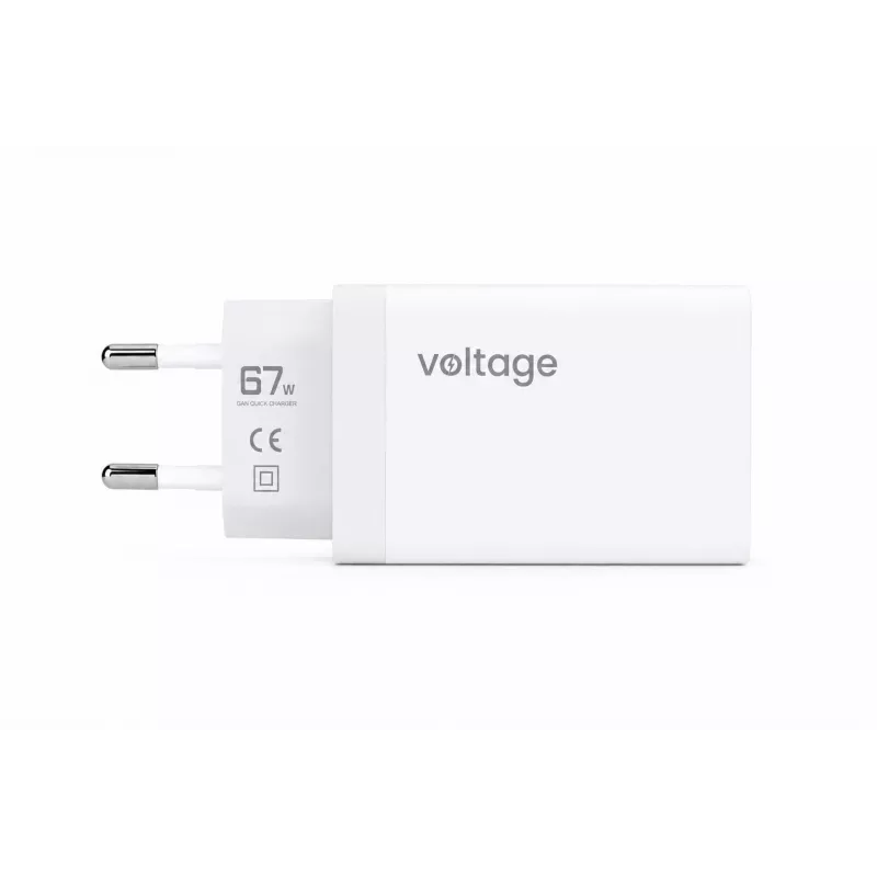 Voltage GaN 67W Wandladegerät, 2x USB-C & 1x USB-A, PD 3.0, QC 3.0, PPS, EU-Stecker, Weiß