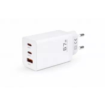 Voltage GaN 67W Wandladegerät, 2x USB-C & 1x USB-A, PD 3.0, QC 3.0, PPS, EU-Stecker, Weiß
