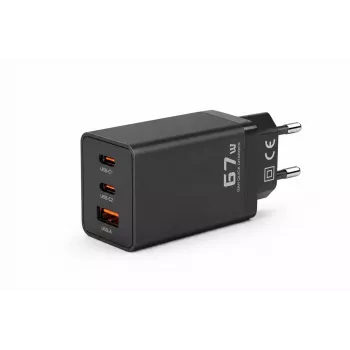 Voltage GaN Ladegerät 67W Wandladegerät, PD 3.0 / QC 3.0, 2x USB-C & 1x USB-A, EU-Stecker, Schwarz