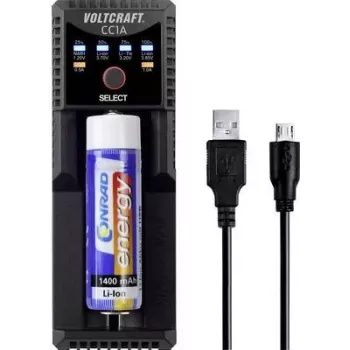 VOLTCRAFT CC1A Universal-Rundzellen-Ladegerät für NiMH, Li-Ion, LiFePO4, NiCd - 1 Ladeplatz, USB-betrieben, unterstützt AA, AAA, C, 10440, 14500, 16340