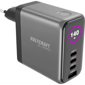 VOLTCRAFT UC-140W01 140W GaN USB-C PD Wandladegerät mit 3x USB-C und 1x USB-A, Schwarz VC-17776050