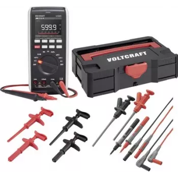 Voltcraft VC-831 True RMS Digitalmultimeter-Set mit T-Loc Systainer, Messleitungen, Krokodilklemmen, Hakenklemmen und K-Typ-Temperaturfühler 3342859+2181316+1674350+167435