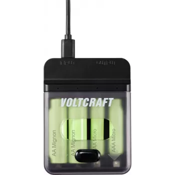 Voltcraft VC-BC4-PB1 2-in-1 NiMH Akku-Ladegerät & Powerbank für 4x AA/AAA, 500mA, USB-C Eingang, USB-A Ausgang, Schwarz