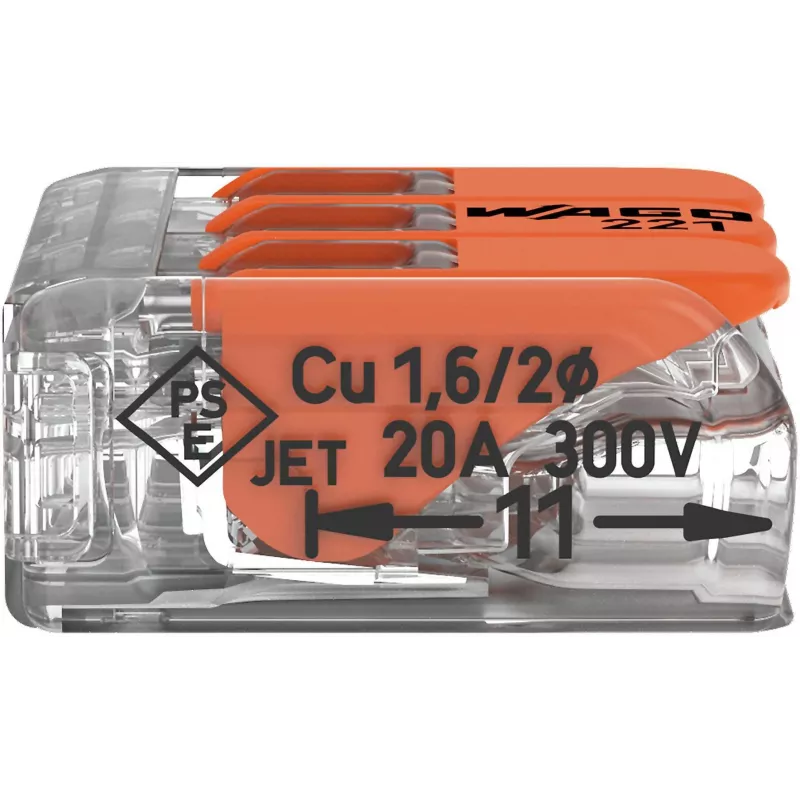 WAGO 221-413 COMPACT Verbindungsklemme, 3-Leiter, 0,2–4 mm², Transparent, 50er-Pack