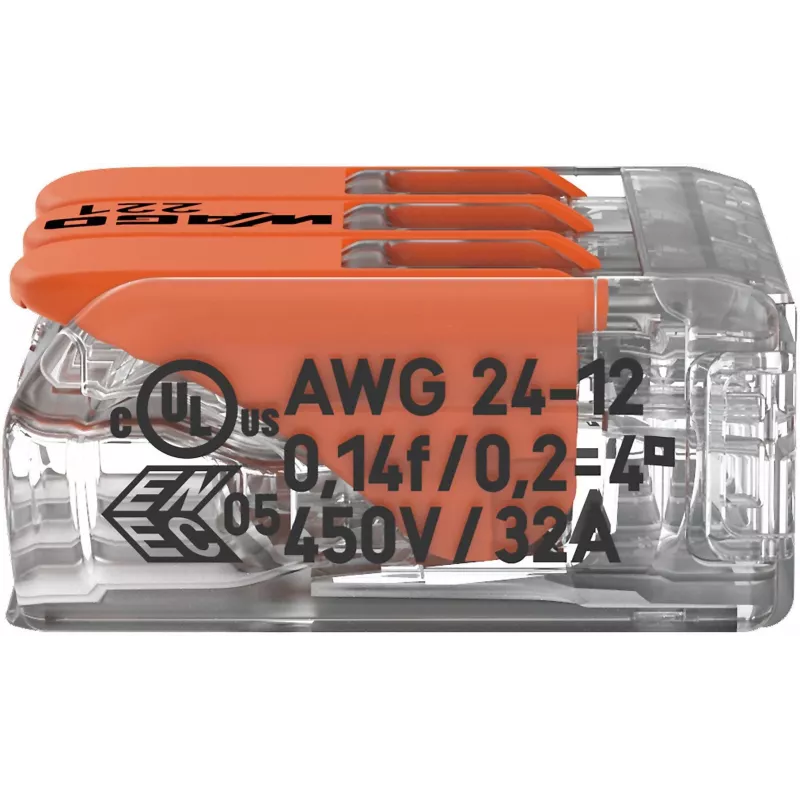 WAGO 221-413 COMPACT Verbindungsklemme, 3-Leiter, 0,2–4 mm², Transparent, 50er-Pack