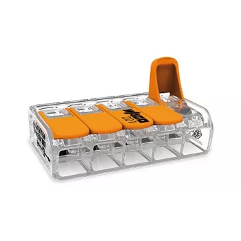 WAGO 221-615 5-Leiter-Hebelverbinder, kompakter Verbindungsklemme, 450 V, 32 A, Transparent/Orange