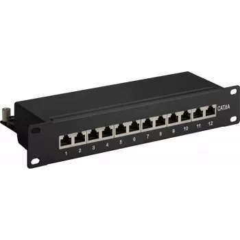 Wentronic Goobay 93796 Cat6a geschirmtes 12-Port Patch Panel, 1U 19 Zoll Rackmontage, Schwarz