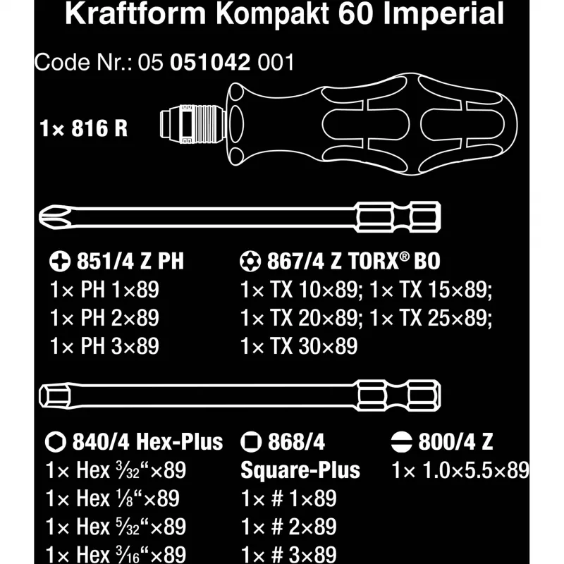 Wera 17-teiliges Kraftform Kompakt 60 Bit-Set, Schlitz, Phillips, Pozidriv, TORX BO 05051042001