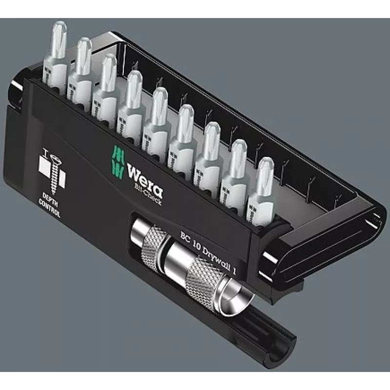 Wera Bit Set Bit-Check 10 Drywall 1, 10-teilig, Phillips PH 2, 25 mm, Rapidaptor Schnellwechselfutter, Tiefenanschlag, Torsionsbits