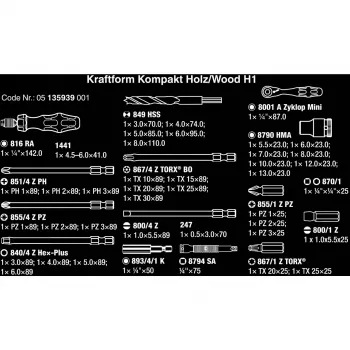 Wera Kraftform Kompakt H 1 Woodcraft Schraubendreher-Griff mit 12 gemischten Bits - Hex, Phillips, Pozidriv, Torx