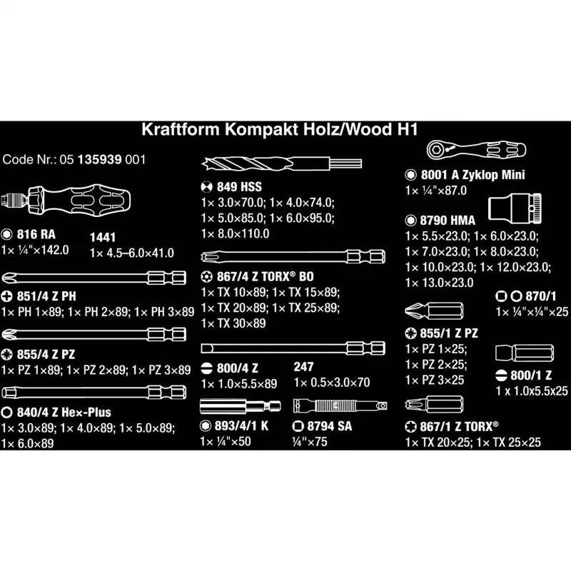 Wera Kraftform Kompakt H 1 Woodcraft Schraubendreher-Griff mit 12 gemischten Bits - Hex, Phillips, Pozidriv, Torx