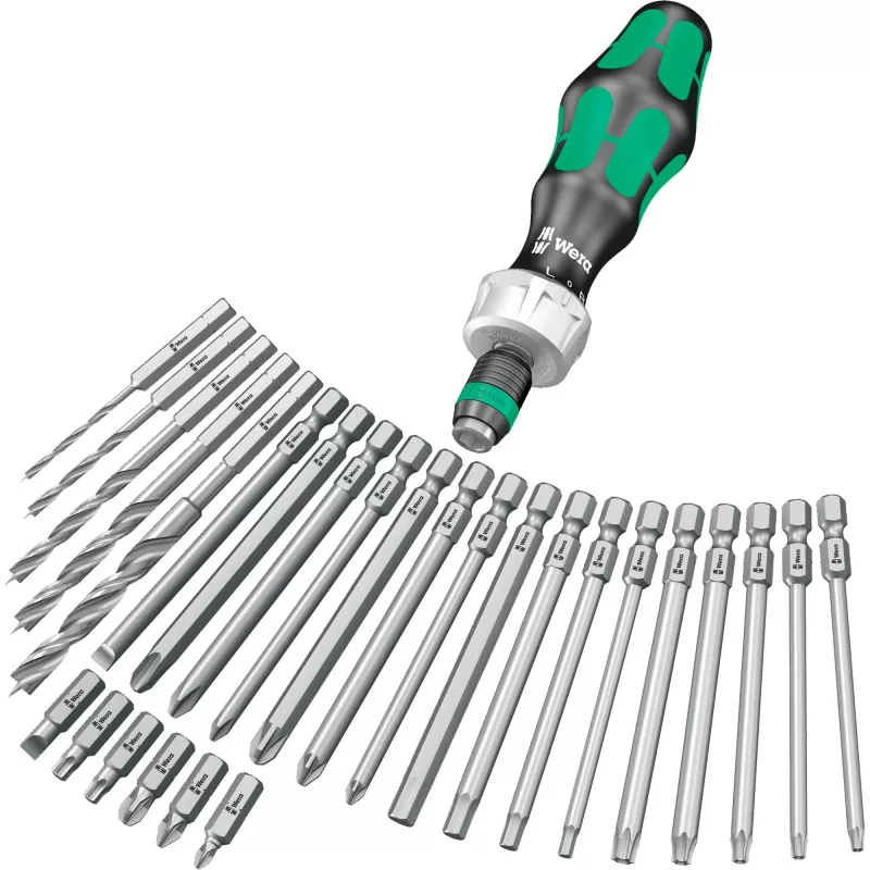 Wera Kraftform Kompakt H 1 Woodcraft Schraubendreher-Griff mit 12 gemischten Bits - Hex, Phillips, Pozidriv, Torx