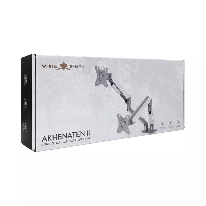 White Shark AKHENATEN-II GMS-3212 Dual-Monitor-Halterung – Gasfeder, Tischklemme/Tischdurchführung, 17-32 Zoll, 9kg pro Arm, Schwarz