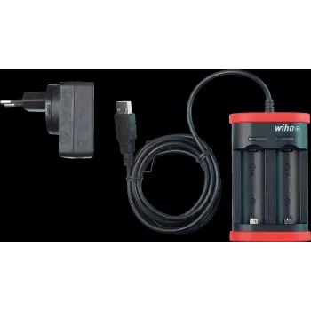 WIHA 41915 USB-Ladegerät für Li-Ion-Akkus, 2 Slots, 5V DC Eingang, 3,6V DC Ausgang, 1A pro Slot, LED-Anzeige, Schwarz/Rot