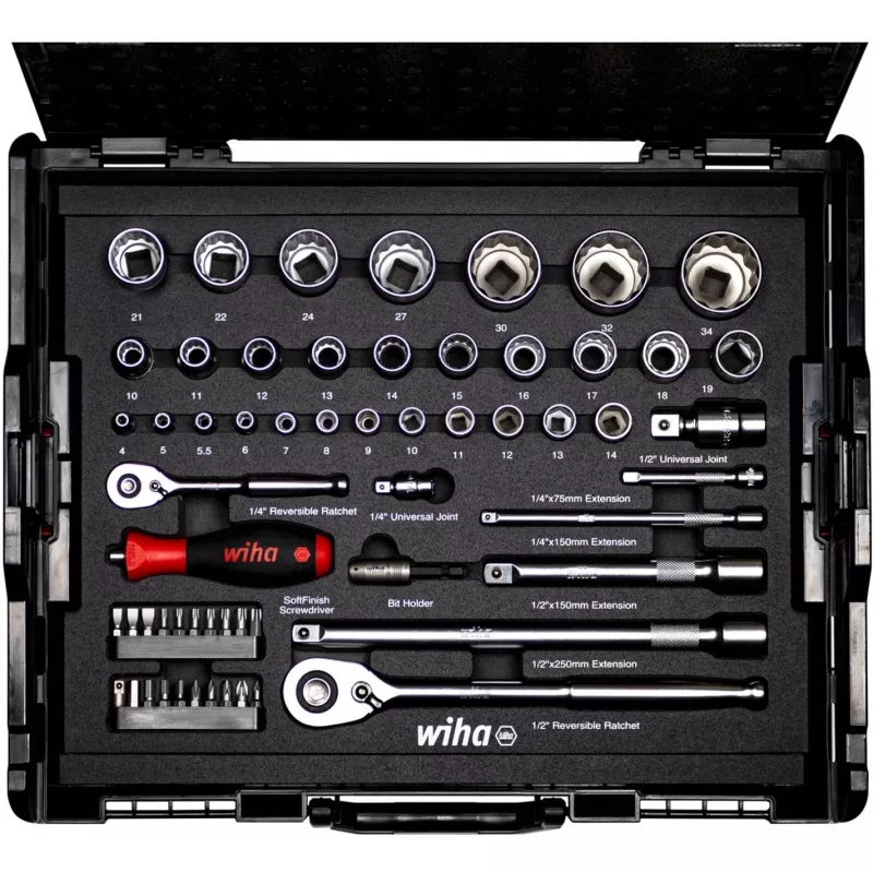 WIHA 44685 Steckschlüssel- und Bit-Set 1/4 Zoll & 1/2 Zoll, 60-teilig mit 2 Ratschen und Schraubendrehergriff, in L-BOXX