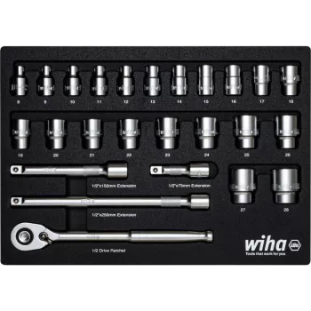 Wiha 44740 1/2 Zoll Steckschlüsselsatz 39-teilig mit feinverzahnter Ratsche, Sechskant & TORX E-Profil, Chrom-Vanadium, 10-32mm / E10-E24, DIN 3120