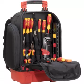 Wiha 45528 Elektriker-Werkzeugrucksack-Set, 28-teilig, 385 x 260 x 530 mm, Schwarz/Rot