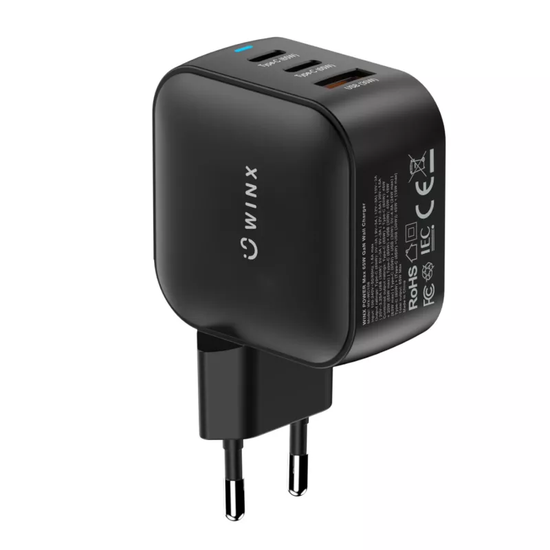 WINX POWER Max 65W GaN-Wandladegerät - 2x USB-C PD, 1x USB-A QC, Schwarz