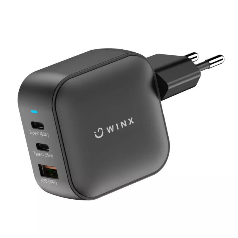WINX POWER Max 65W GaN-Wandladegerät - 2x USB-C PD, 1x USB-A QC, Schwarz