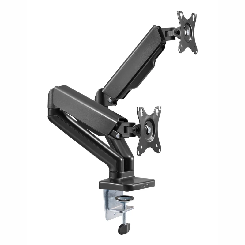 WINX RISE Pro Dual Full Motion Monitor Arm - Gasfeder-Tischhalterung für 2 Bildschirme 17 inch-32 inch, VESA 75/100, 18kg gesamt, Klemme & Gewinde, Schwarz