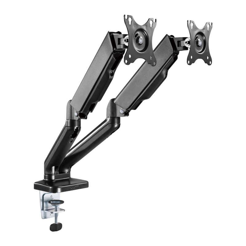 WINX RISE Pro Dual Full Motion Monitor Arm - Gasfeder-Tischhalterung für 2 Bildschirme 17 inch-32 inch, VESA 75/100, 18kg gesamt, Klemme & Gewinde, Schwarz