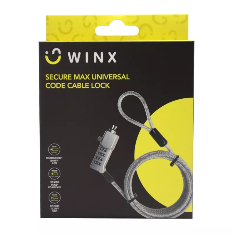 WINX Secure Max Universal Code Cable Lock - 4-stelliges, zurücksetzbares Zahlenschloss, geflochtener Stahl, 1,8 m, Schwarz/Silber
