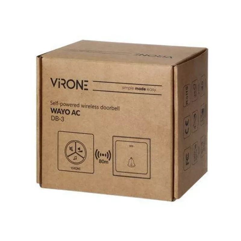 Kabellose Türklingel VIRONE DB-3 mit batteriefreiem Taster, Lernsender, 80 m