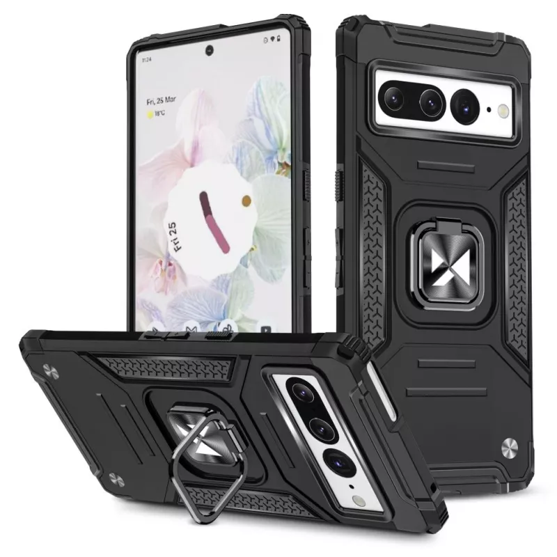 Wozinsky Ring Armor Case für Google Pixel 7 Pro - Gepanzerte Hülle mit magnetischem Haltering - Schwarz
