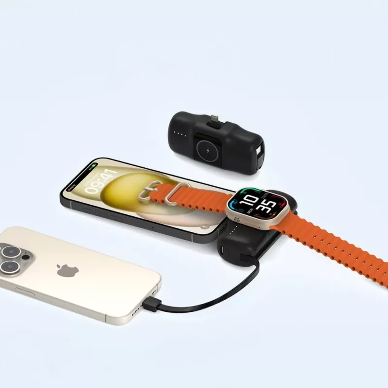 Wozinsky WF16-YLS Mini Power Bank 5000mAh 15W mit integriertem USB-C-Kabel und Apple Watch-Ladegerät - Schwarz