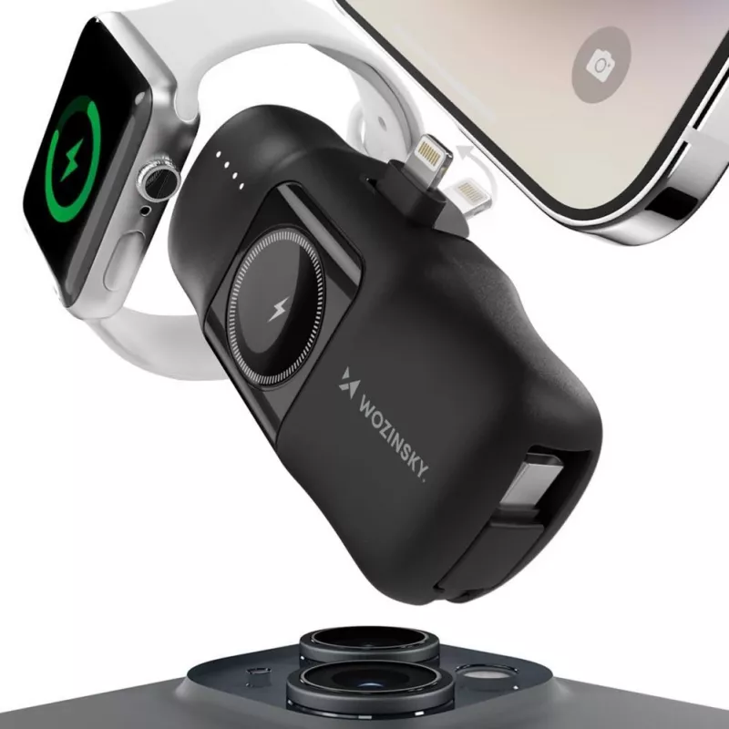 Wozinsky WF16-YLS Mini Power Bank 5000mAh 15W mit integriertem USB-C-Kabel und Apple Watch-Ladegerät - Schwarz