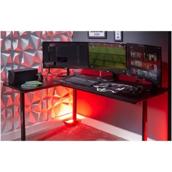 X Rocker 2022068 L-förmiger Eck-Gaming-Schreibtisch mit RGB-LED-Beleuchtung, Carbonfaser-Optik, Schwarz