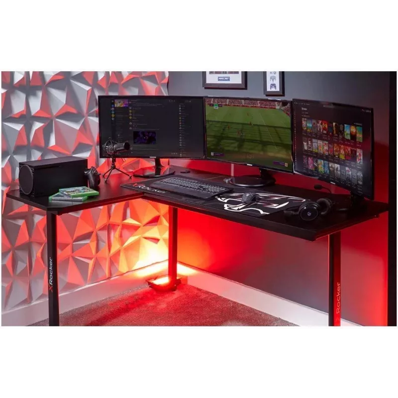 X Rocker 2022068 L-förmiger Eck-Gaming-Schreibtisch mit RGB-LED-Beleuchtung, Carbonfaser-Optik, Schwarz