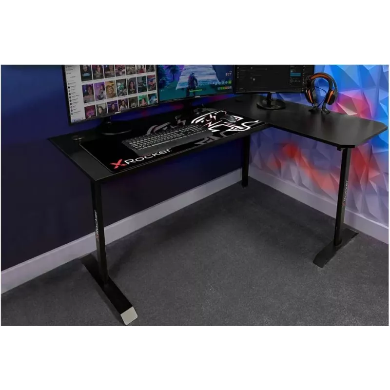 X Rocker 2022068 L-förmiger Eck-Gaming-Schreibtisch mit RGB-LED-Beleuchtung, Carbonfaser-Optik, Schwarz