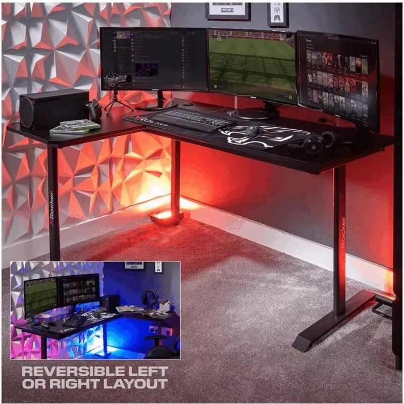 X Rocker 2022068 L-förmiger Eck-Gaming-Schreibtisch mit RGB-LED-Beleuchtung, Carbonfaser-Optik, Schwarz