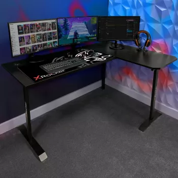 X Rocker 2022068 L-förmiger Eck-Gaming-Schreibtisch mit RGB-LED-Beleuchtung, Carbonfaser-Optik, Schwarz
