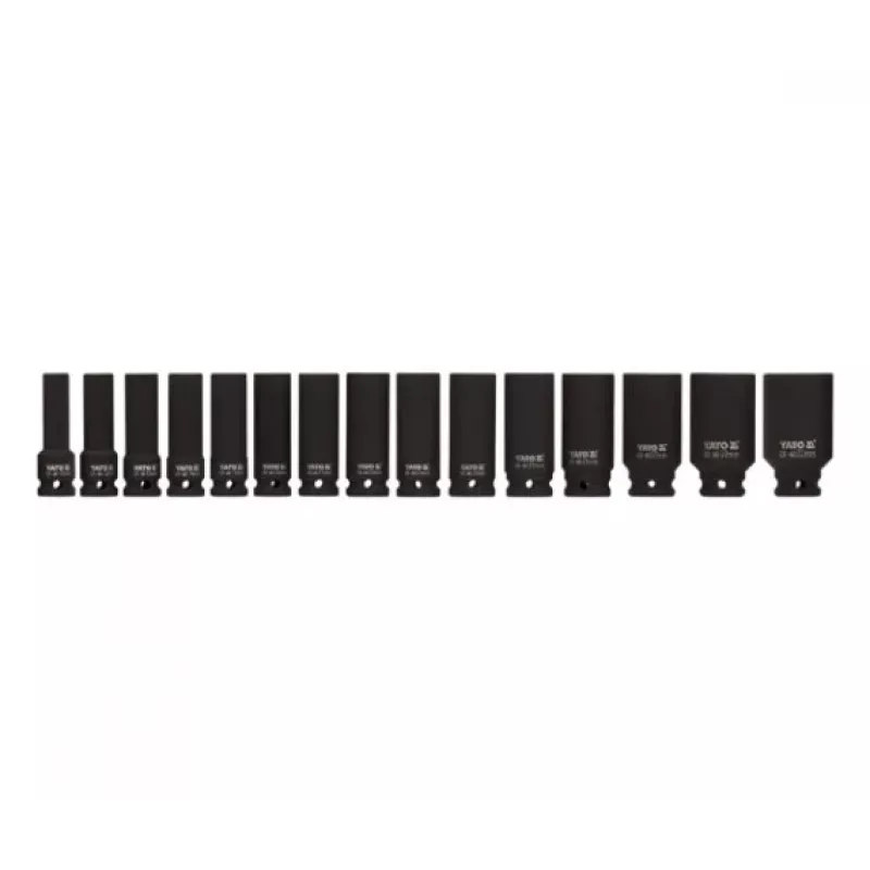 YATO YT-1055 1/2 inch Steckschlüssel-Satz für Schlagschrauber, 15-teilig, metrisch, 10-32 mm, CrMo-Stahl, schwarz phosphatiert, DIN 3121