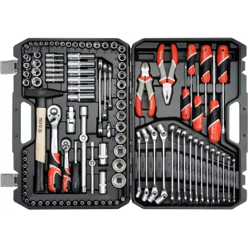Yato YT-38891 216-teiliger Mechaniker-Werkzeugsatz mit 1/4 inch, 3/8 inch und 1/2 inch Ratschen, Steckschlüsseln, Schraubenschlüsseln, Bits und Inbusschlüsseln im Kunststoffkoffer