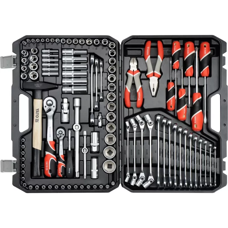 Yato YT-38891 216-teiliger Mechaniker-Werkzeugsatz mit 1/4 inch, 3/8 inch und 1/2 inch Ratschen, Steckschlüsseln, Schraubenschlüsseln, Bits und Inbusschlüsseln im Kunststoffkoffer