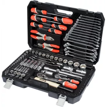Yato YT-38891 216-teiliger Mechaniker-Werkzeugsatz mit 1/4 inch, 3/8 inch und 1/2 inch Ratschen, Steckschlüsseln, Schraubenschlüsseln, Bits und Inbusschlüsseln im Kunststoffkoffer