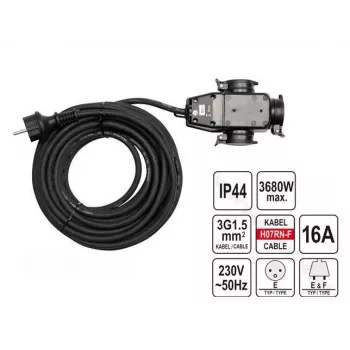 Yato YT-81162 Verlängerungskabel 20 m 3 Steckdosen Innen/Außen Schwarz
