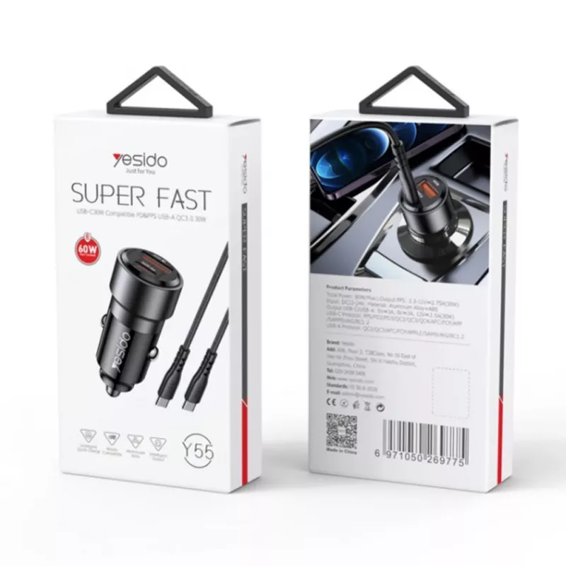YESIDO Y55 60W Fast Charging Car Charger mit USB-C auf USB-C Kabel, Schwarz