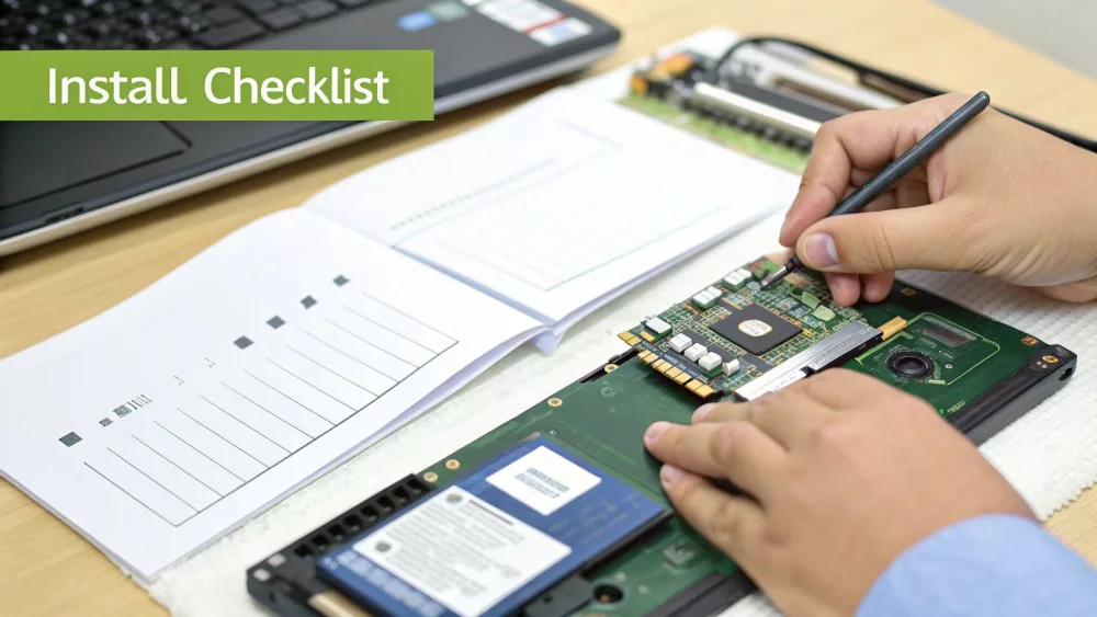Hände arbeiten an einer Platine und einer SSD, mit einer sichtbaren „Installations-Checkliste“.