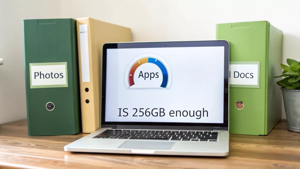 Ein Laptop-Bildschirm zeigt „Reichen 256 GB?“ für Apps, flankiert von Ordnern mit der Aufschrift „Fotos“ und „Dokumente“.