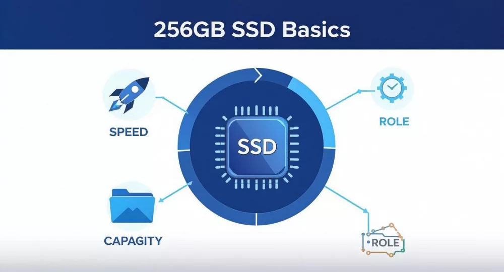 Ein Diagramm zu den Grundlagen einer 256-GB-SSD, das Geschwindigkeit, Kapazität und Einsatzbereiche mit Symbolen veranschaulicht.