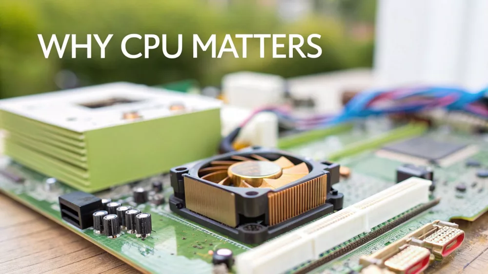 Computer-Mainboard mit CPU-Kühllüfter und grünen Platinen, das veranschaulicht, warum die CPU fürs Gaming wichtig ist