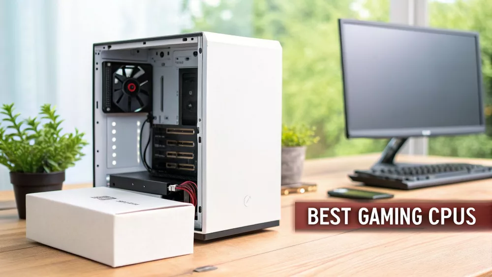 Weißer Gaming-PC-Tower mit transparenter Seitenwand, der interne Komponenten und einen Kühllüfter auf dem Schreibtisch zeigt