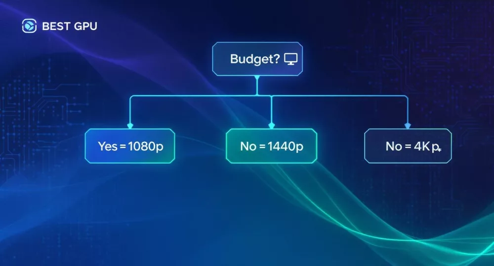 Flussdiagramm zur GPU-Auswahl nach Gaming-Budget für 1080p-, 1440p- und 4K-Auflösungen