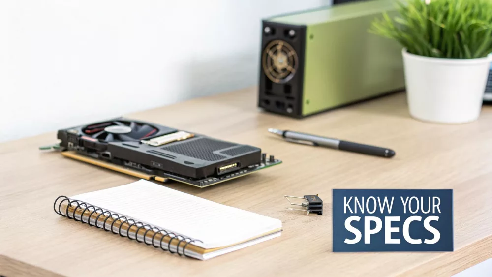 Grafikkarten-GPU auf Holzschreibtisch mit Notizbuch und Computerkomponenten für Gaming-Spezifikationen