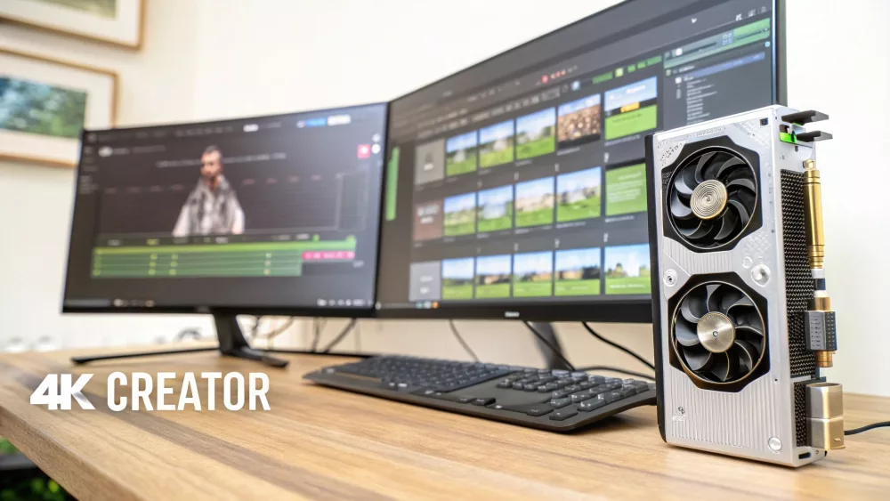 Leistungsstarke GPU-Grafikkarte mit zwei Monitoren, die Videobearbeitungssoftware für 4K-Content-Creation zeigen