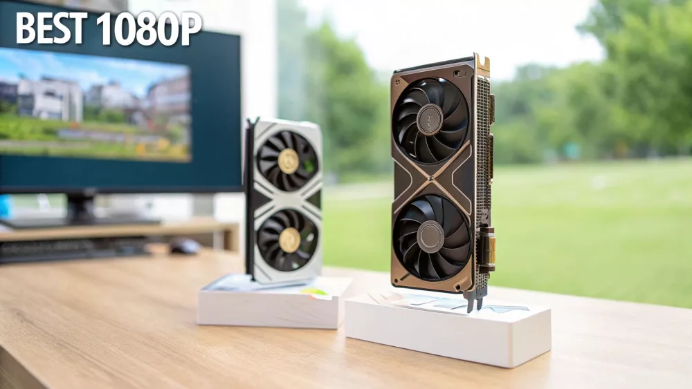 Zwei leistungsstarke Grafikkarten mit Dual-Fan-Kühlung auf weißen Schachteln zum Gaming-Vergleich